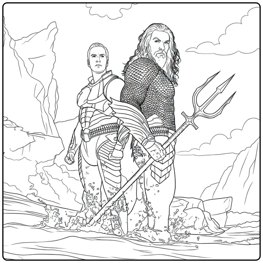 Twee gepantserde figuren met drietand in ondiep water op een Aquaman Kleurplaat