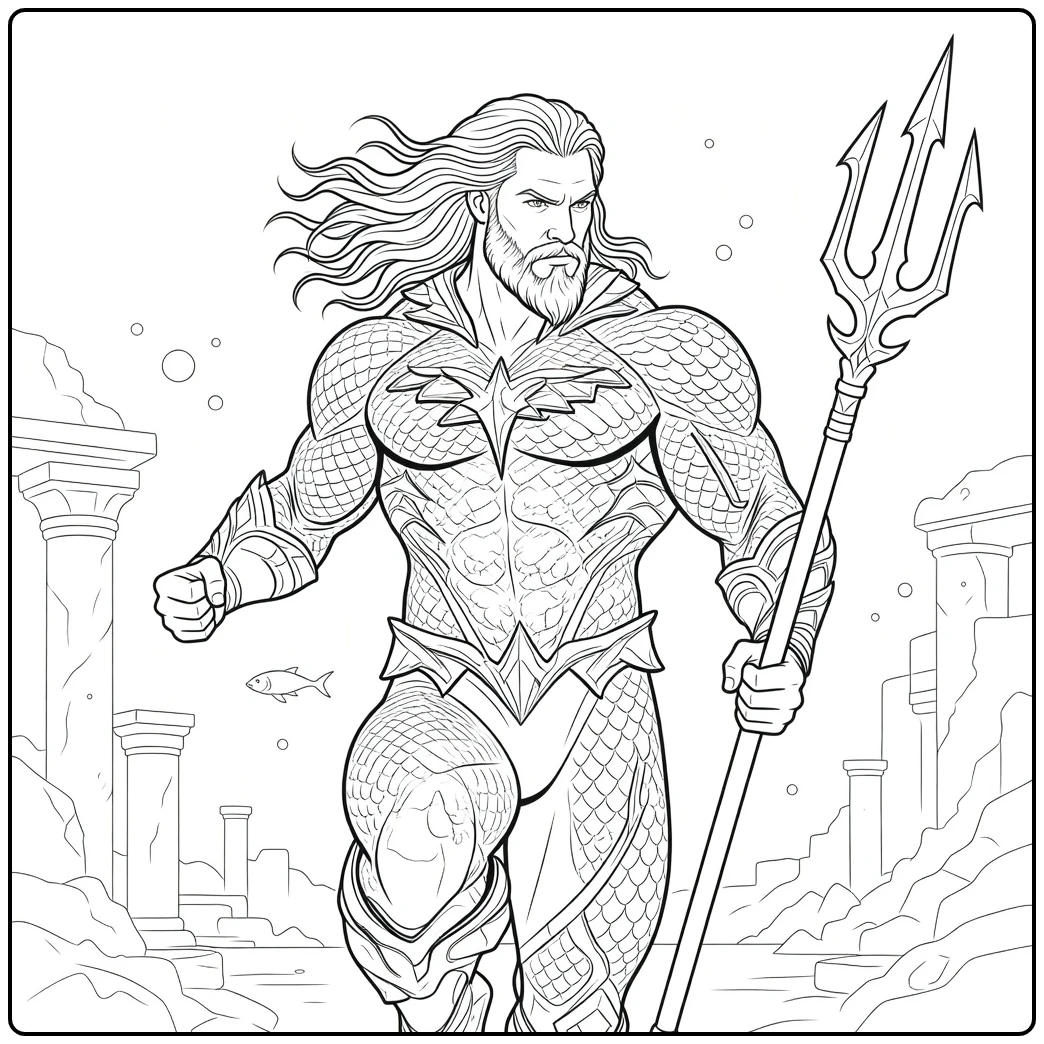 Aquaman Kleurplaat met een gespierde held die een hoge drietand vasthoudt en vooruit schrijdt