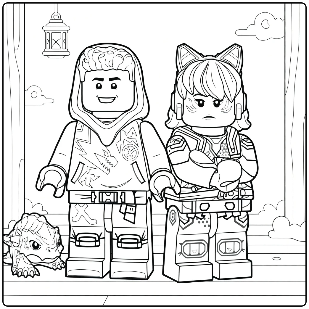 kleurplaat Arin ninjago met twee gele minifiguren en een klein blauw reptielachtig wezen