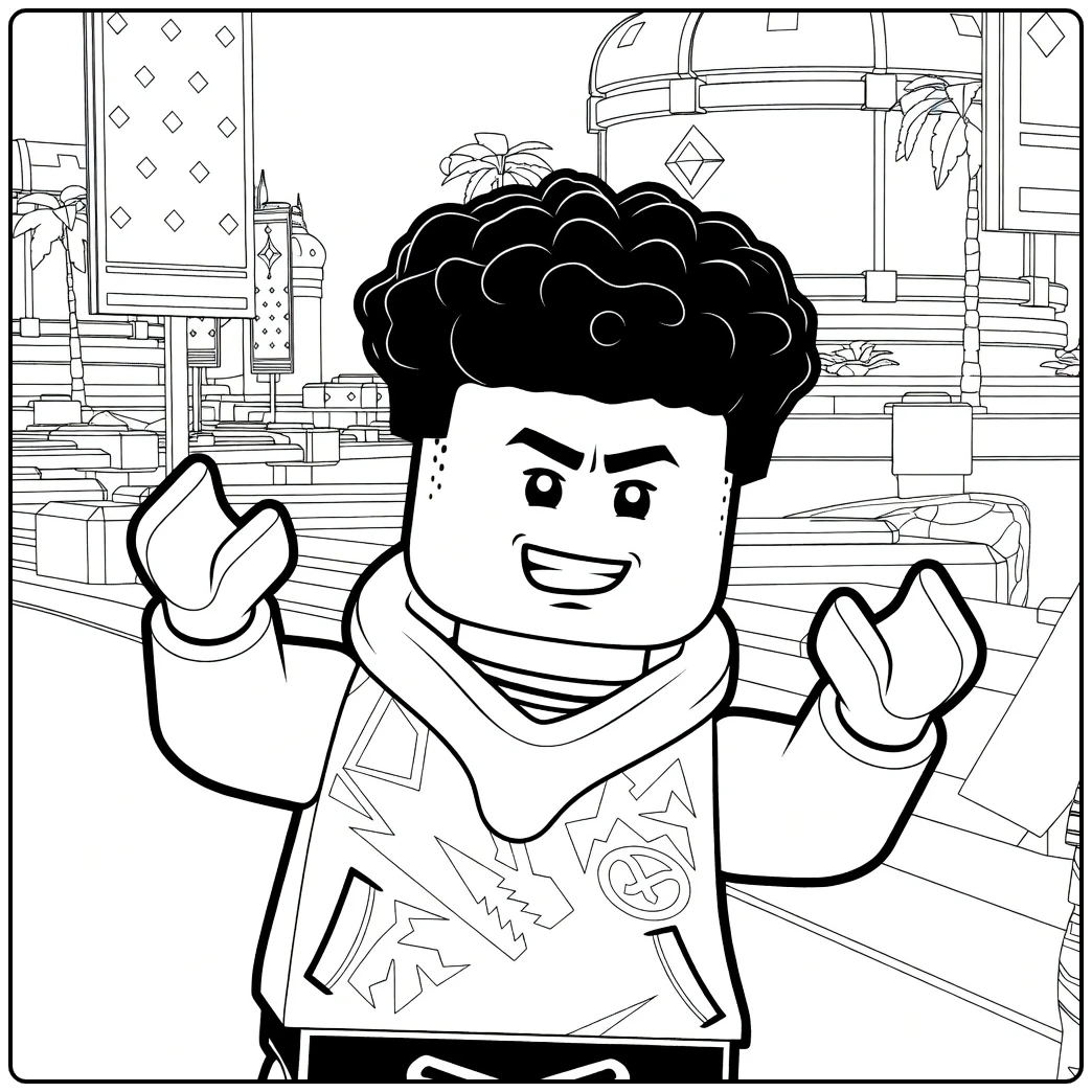 kleurplaat Arin ninjago met een vastberaden figuur met opgestoken vuisten en oranje hoodie