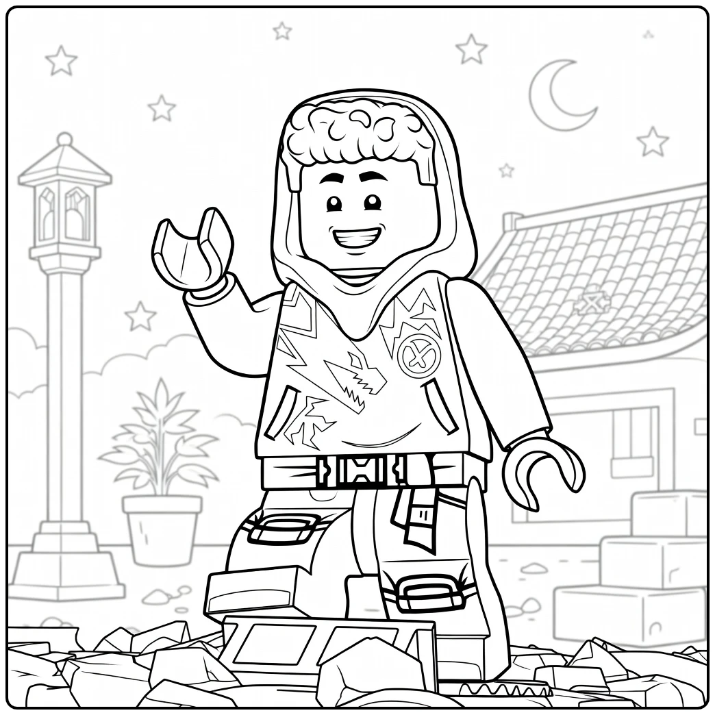 Arin met open mond krullend haar en oranje jas kleurplaat Arin ninjago tegen een nachtelijke achtergrond