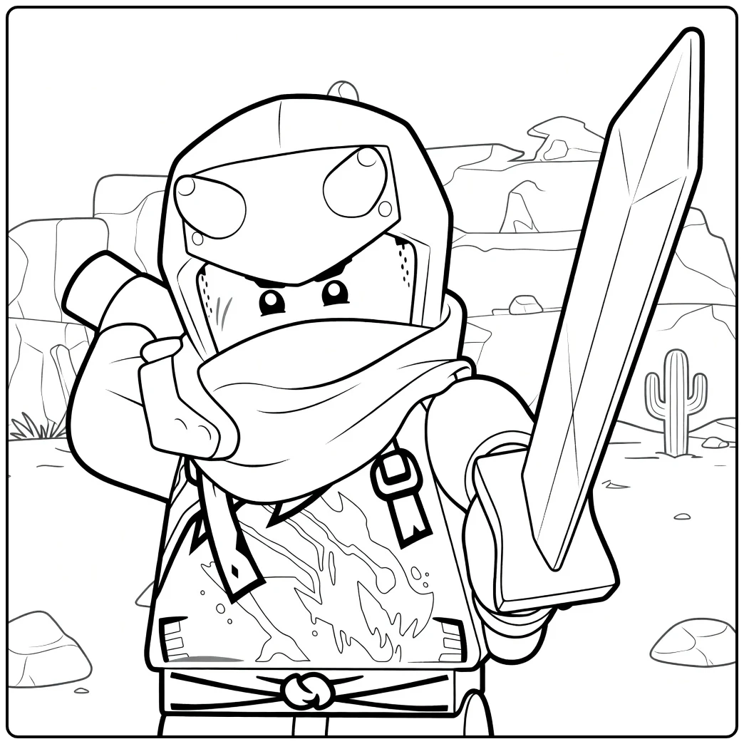 kleurplaat Arin ninjago toont een figuur met hoornen helm die een zwaard opheft