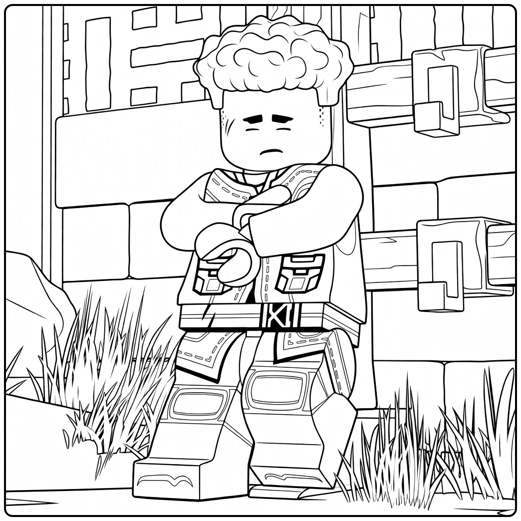 Jongen met zwart krullend haar en oranje outfit staand met armen over elkaar kleurplaat Arin ninjago