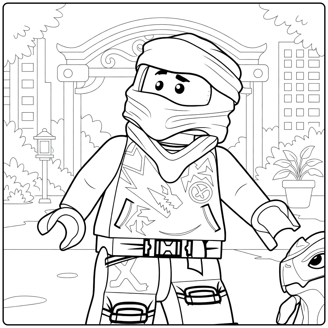 kleurplaat Arin ninjago met de figuur die rechtop staat en armen licht gespreid houdt voor een poort