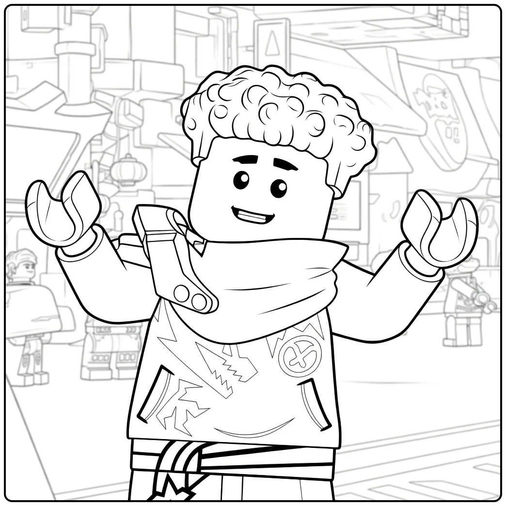 kleurplaat Arin ninjago met een jongen die zijn armen opsteekt en een oranje jas draagt