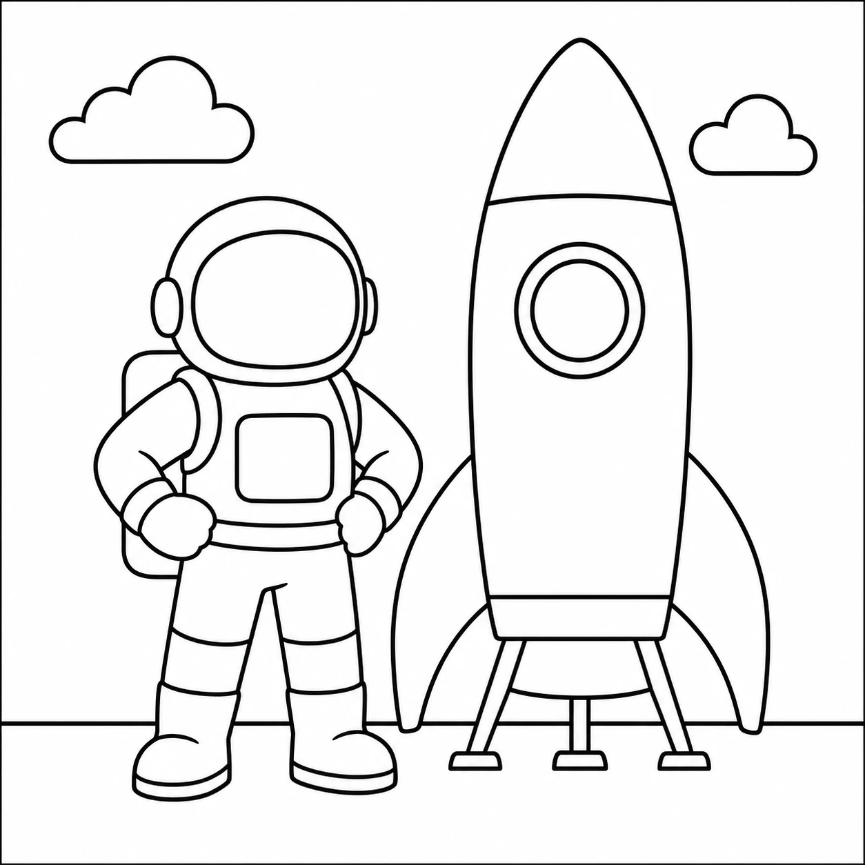 Astronaut staat naast een hoge kleurplaat raket met landingspoten en twee wolken.