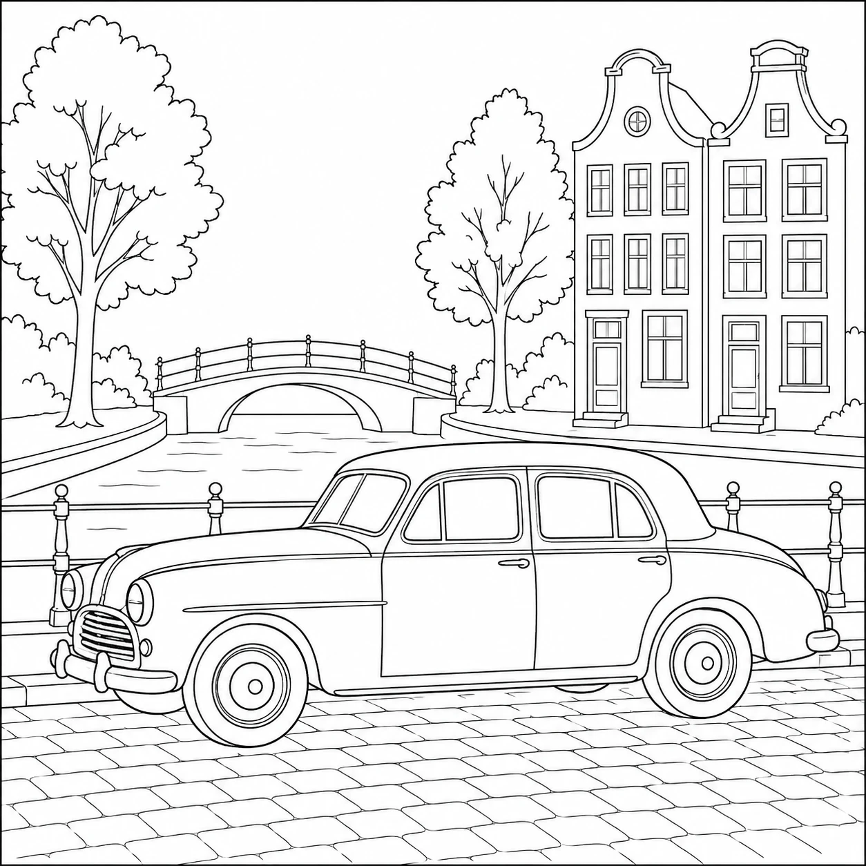 Lange sedan op een klinkerstraat bij een brug, bomen en hoge grachtenpanden.