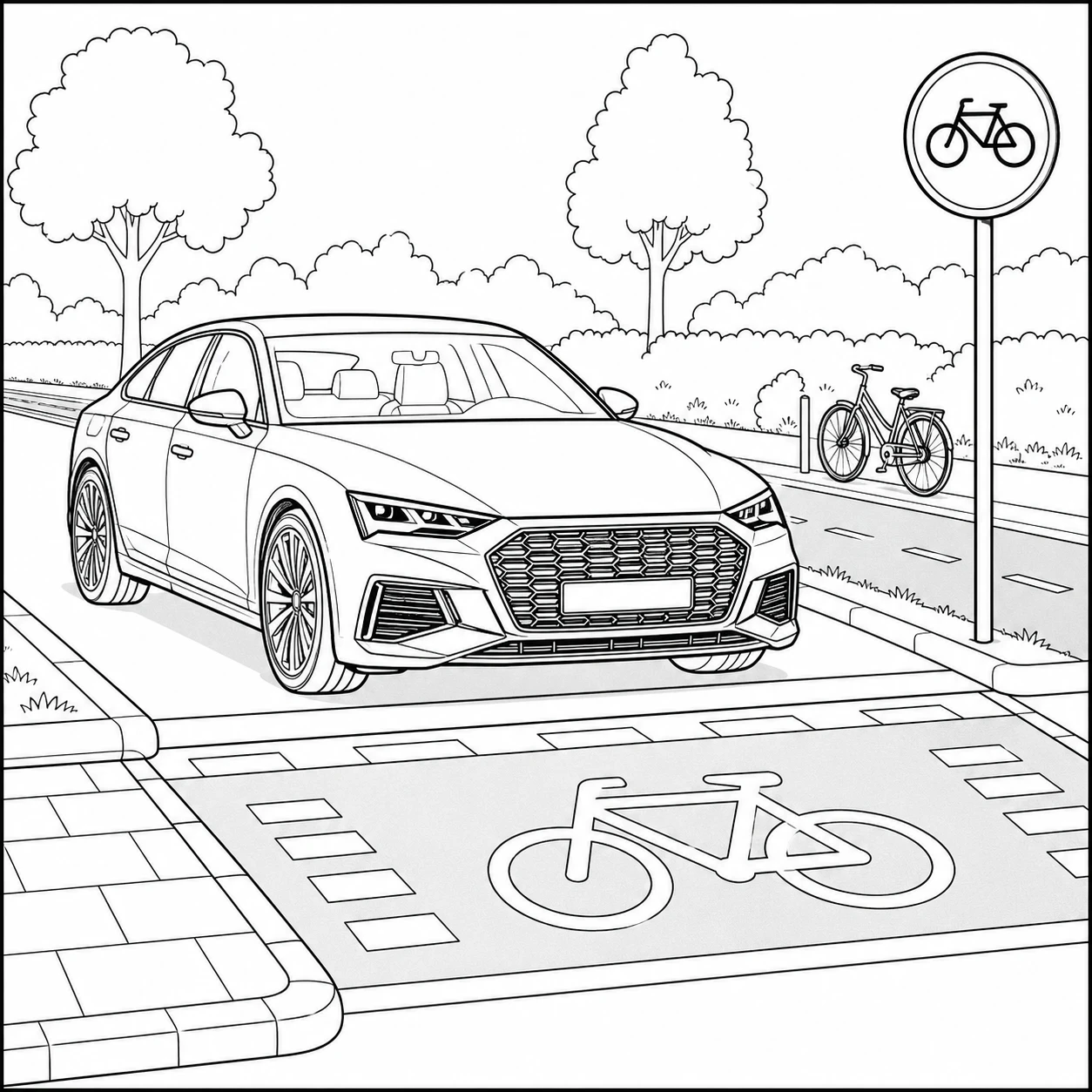 Luxe auto stopt bij een fietsoversteekplaats met fietssymbool, bomen en een verkeersbord