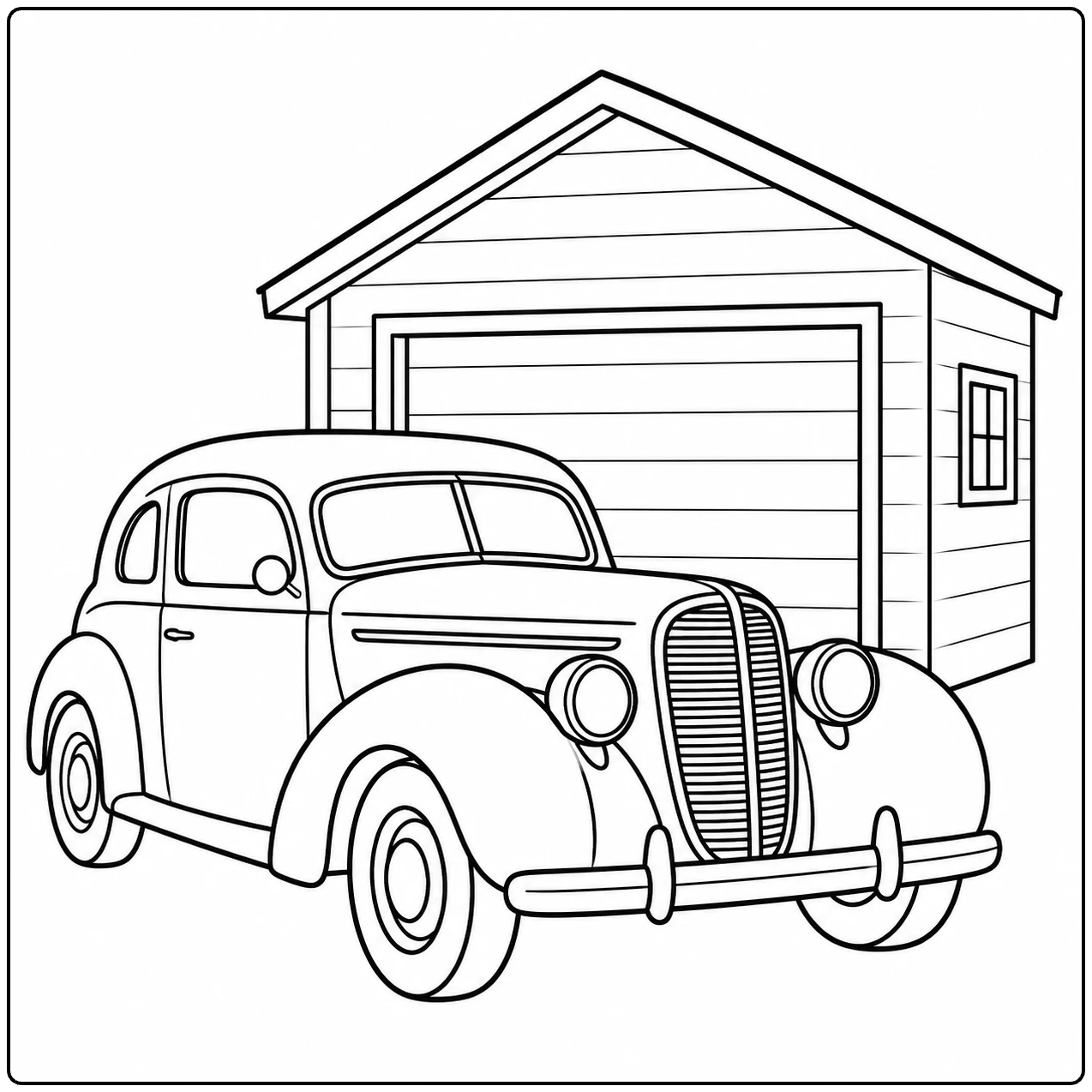 Een kleurplaat oude auto voor een eenvoudige garage, met gebogen spatborden en ronde koplampen.