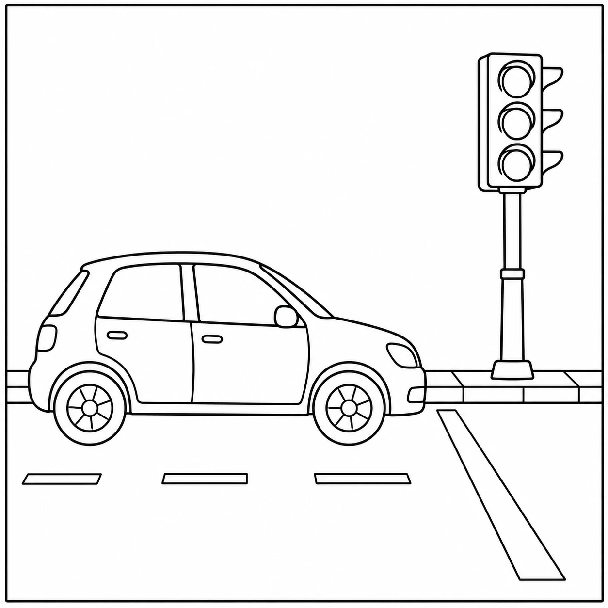 Auto wacht naast een verkeerslicht bij een duidelijk gemarkeerd zebrapad en een lege weg