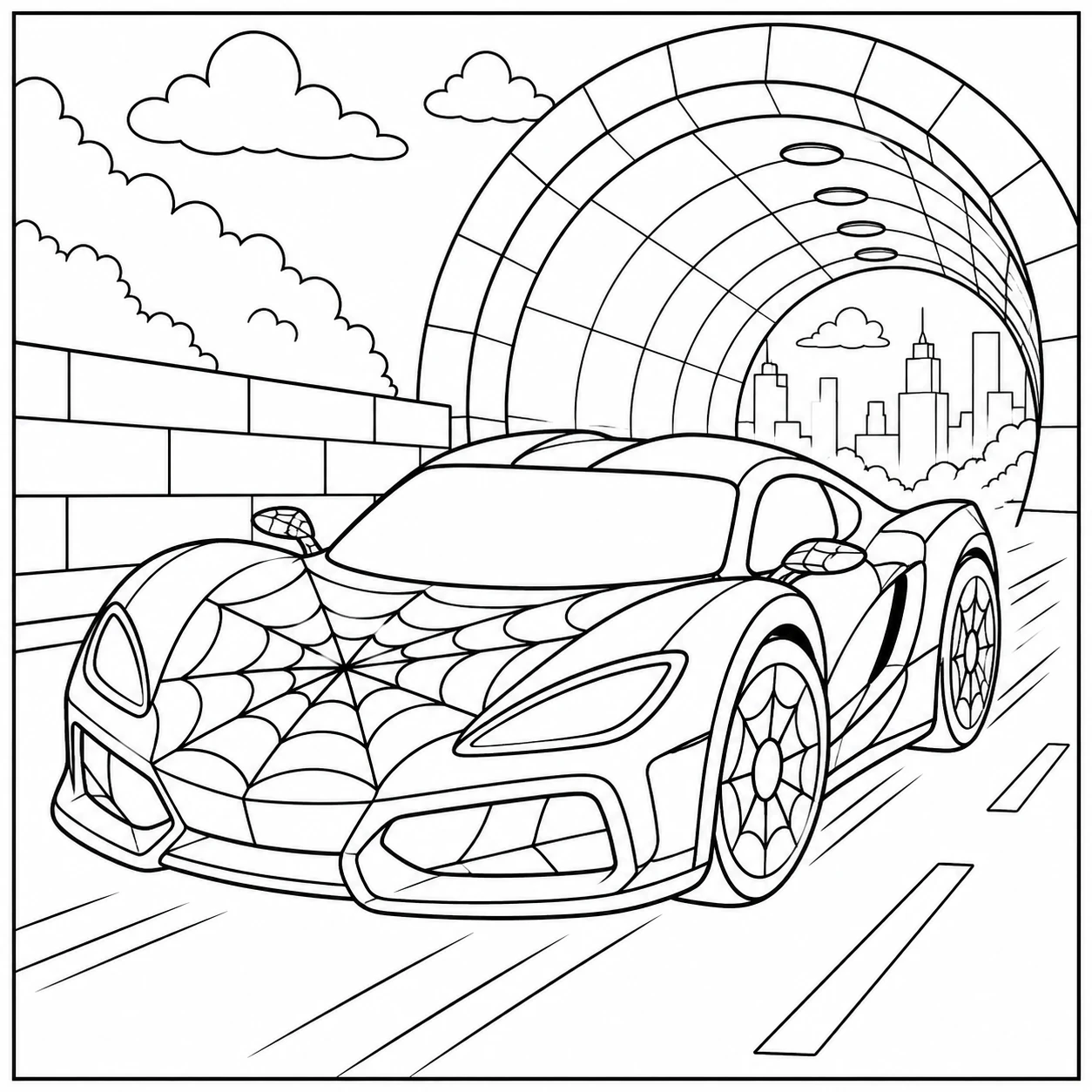 Moderne sportauto rijdt door een tunnel met gebogen lijnen en een dynamische uitstraling