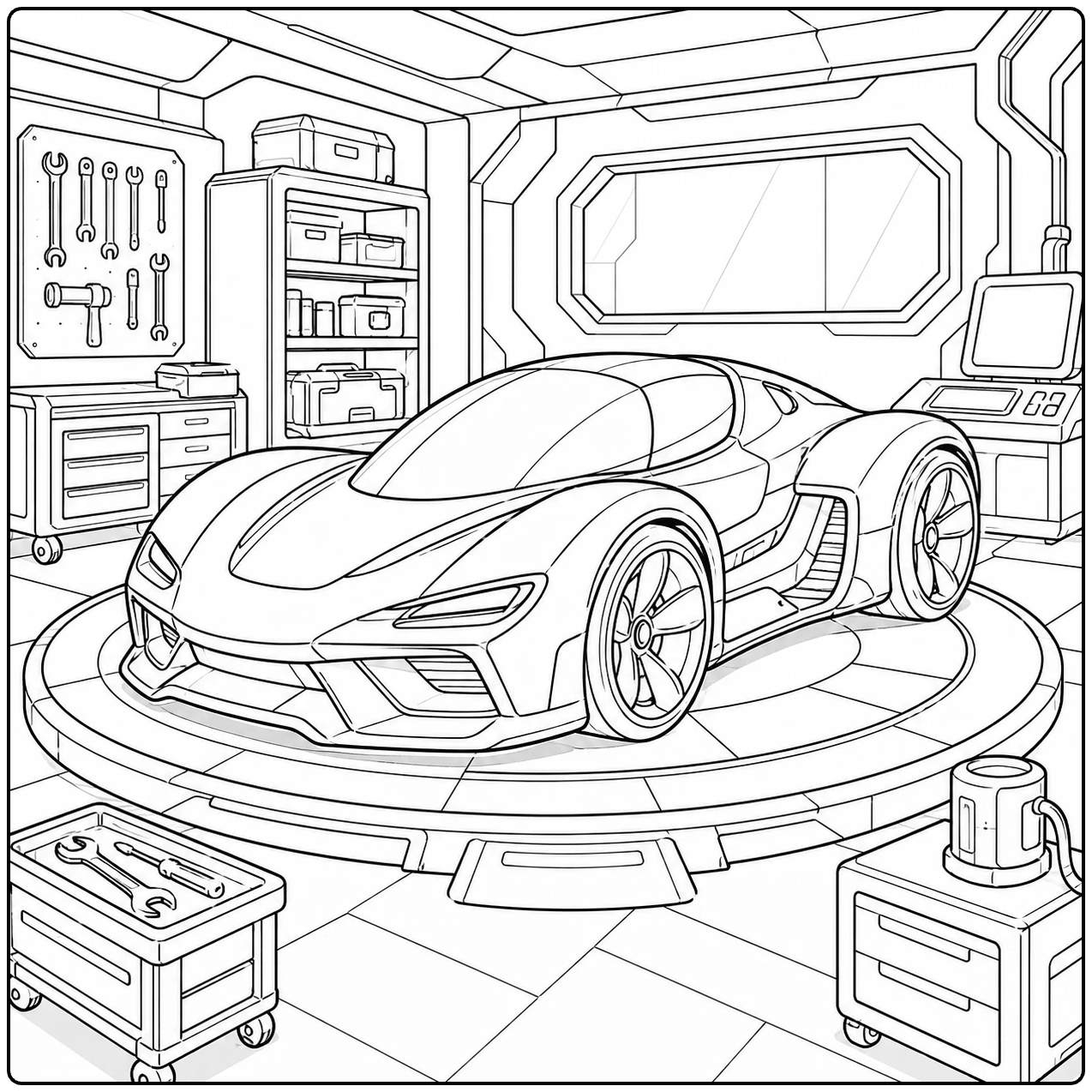 Sportwagen in een technische garage met een rond onderhoudsplatform