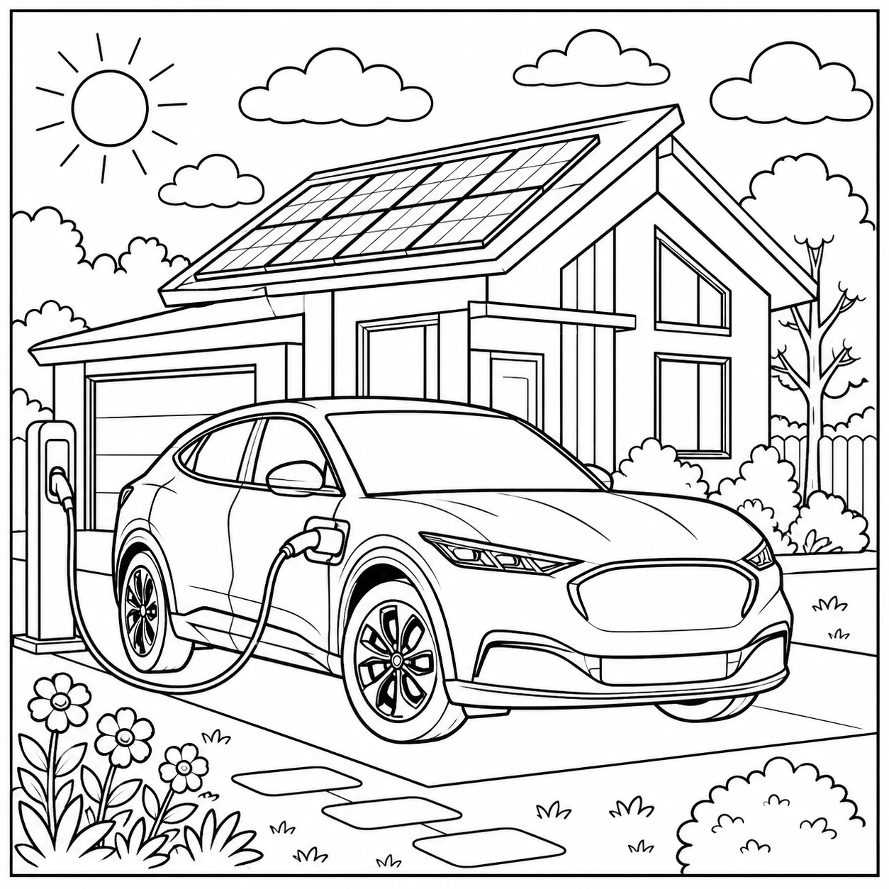 Kleurplaat auto ford met een moderne wagen bij een huis met zonnepanelen en natuur