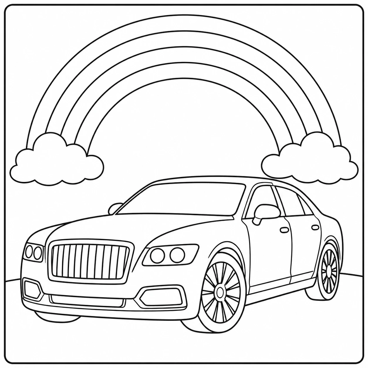 Luxe sedan onder een grote regenboog met wolken aan beide kanten
