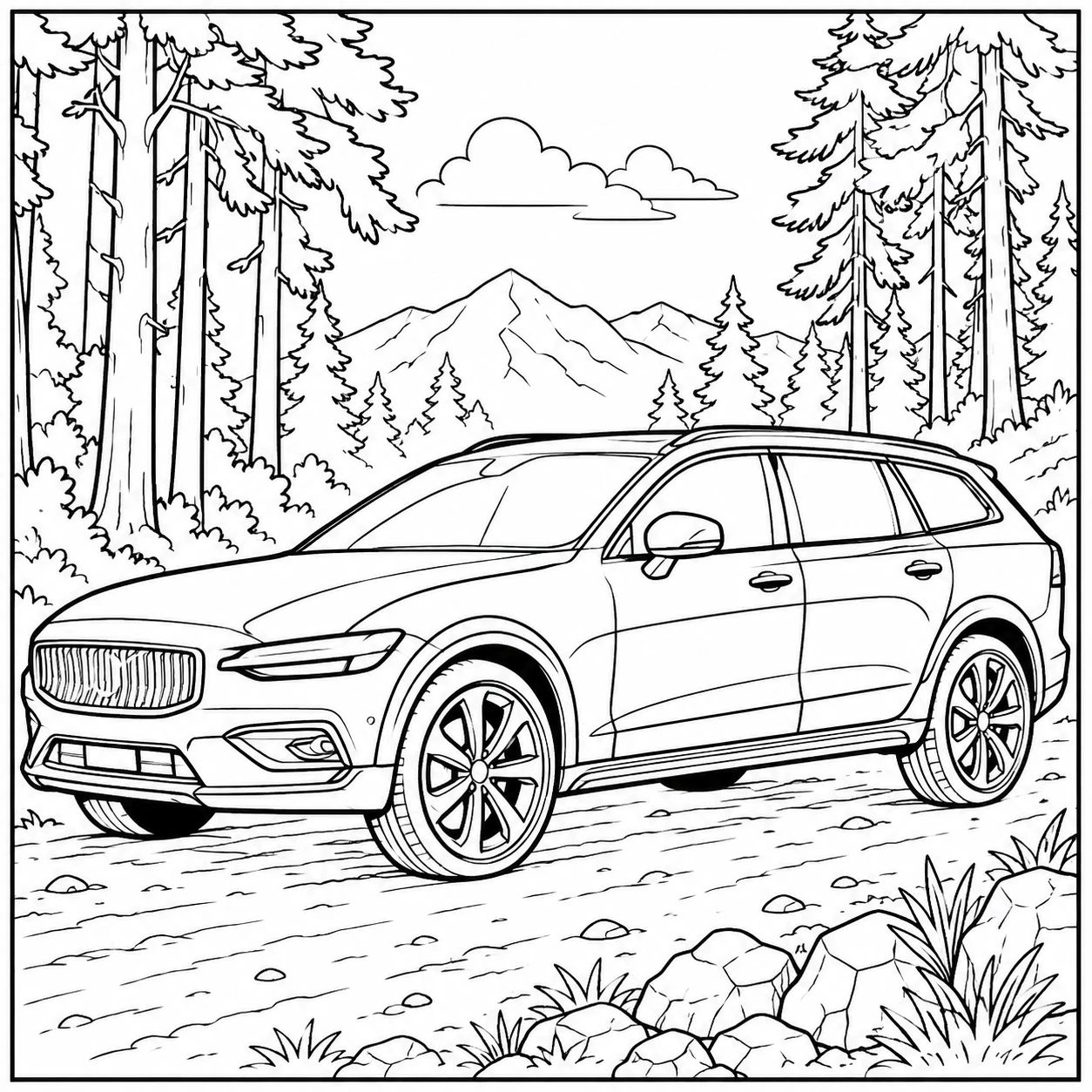 Kleurplaat auto volvo toont een elegante wagen op een bosrijke weg met hoge bomen