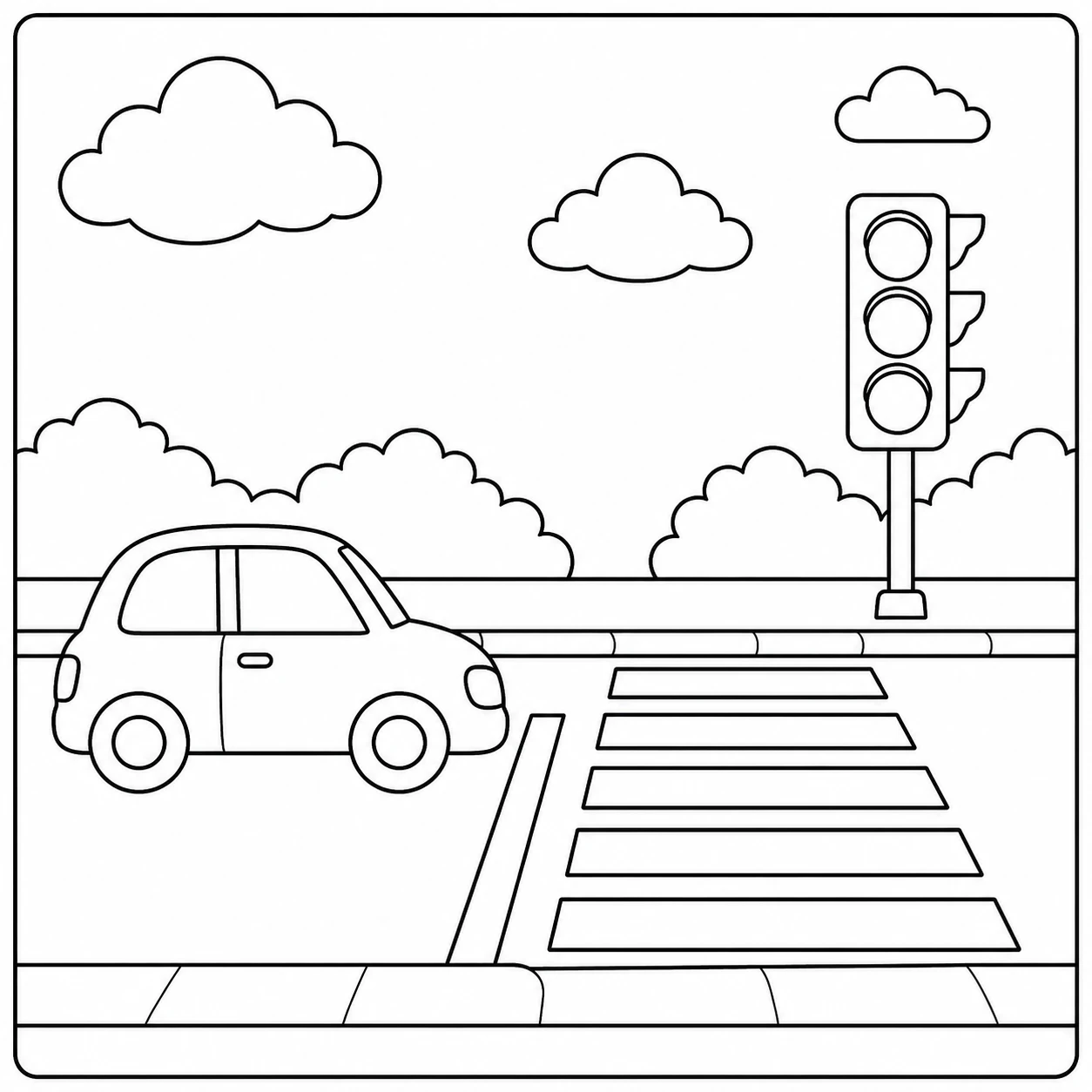 Kleine auto stopt voor een zebrapad naast een kleurplaat verkeerslicht onder enkele wolken