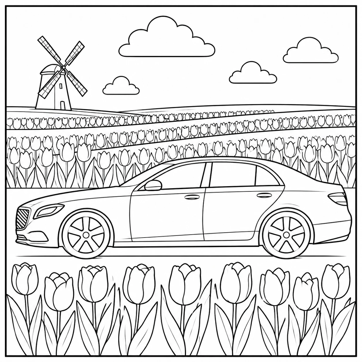 Kleurplaat auto mercedes naast een tulpenveld met windmolen en wolken
