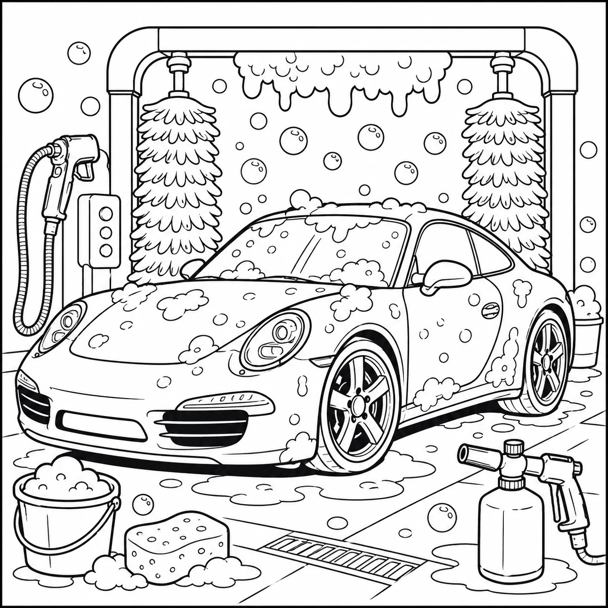 Kleurplaat auto porsche met een gewassen sportwagen vol schuimbellen bij een autowasplaats