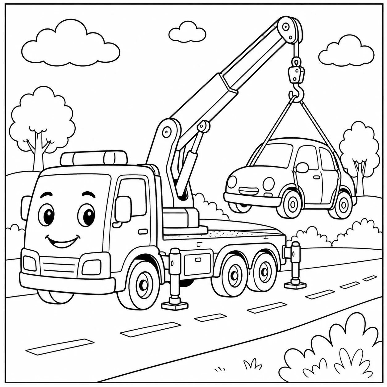Kraanwagen op straat tilt een kleine auto met stevige hijsbanden omhoog.