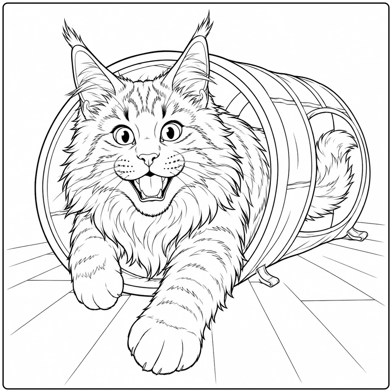 Langharige kat kruipt nieuwsgierig uit een ronde tunnel met beide voorpoten vooruit.