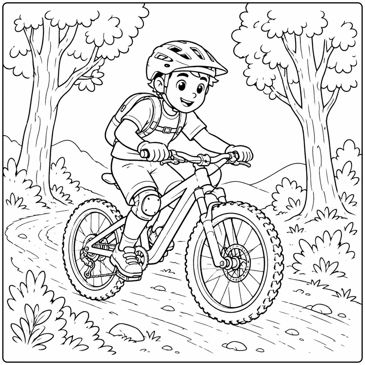 Kind met helm en rugzak fietst door het bos, een avontuurlijke kleurplaat fiets op een smal pad
