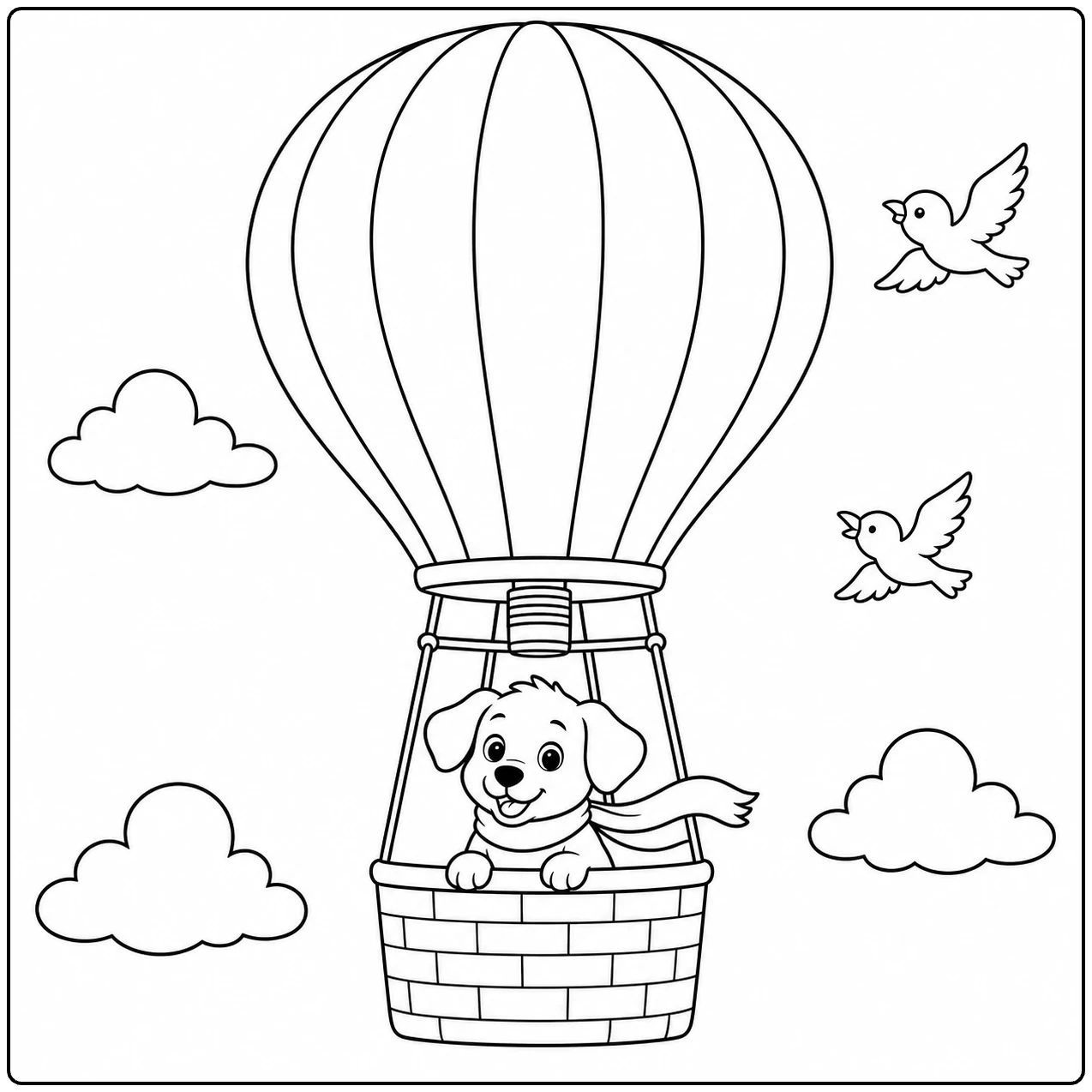 Hond met wapperende sjaal in een luchtballon, vergezeld door twee vliegende vogels