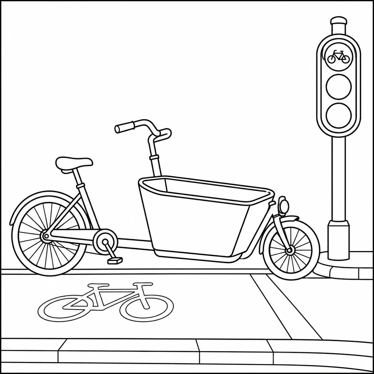 Bakfiets staat bij een fietsverkeerslicht met een groot fietssymbool op het wegdek