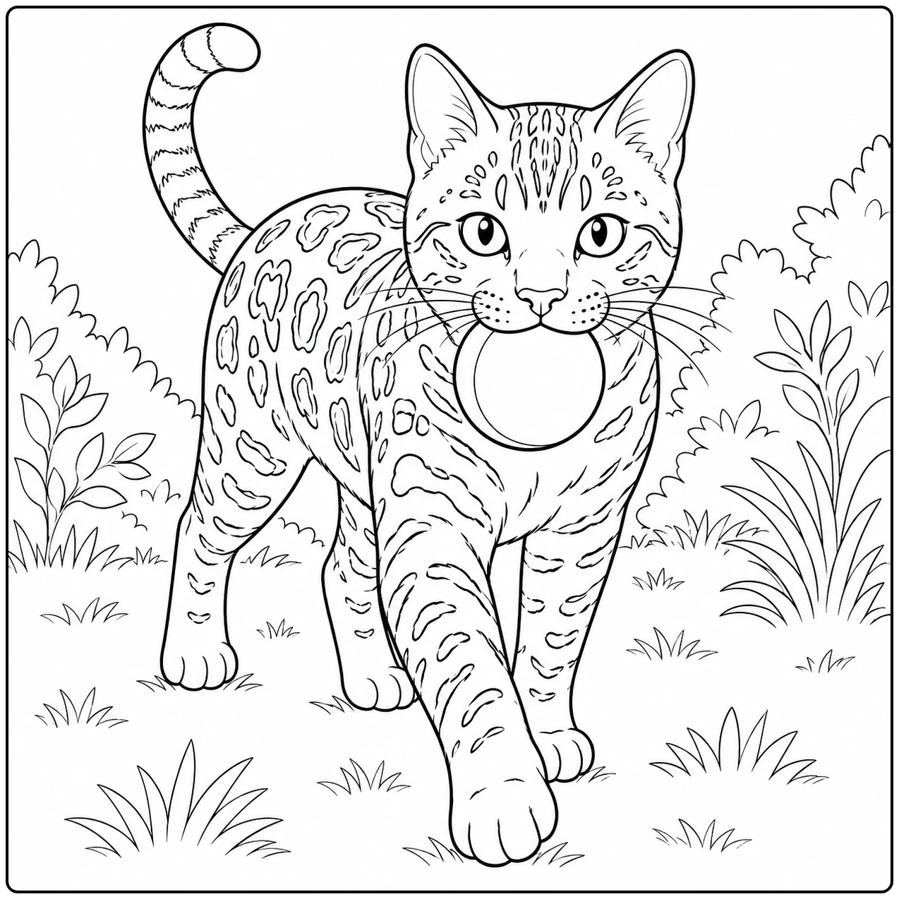 Bengaalse kat wandelt door het gras met een ronde bal voorzichtig in de bek.