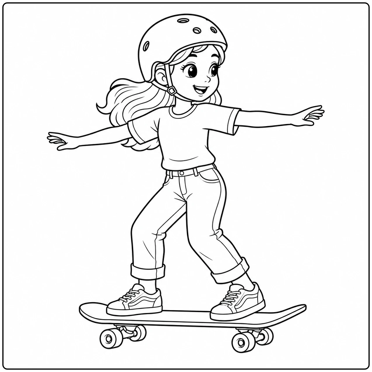 Meisje met helm balanceert met gespreide armen op haar skateboard tijdens een ontspannen rit