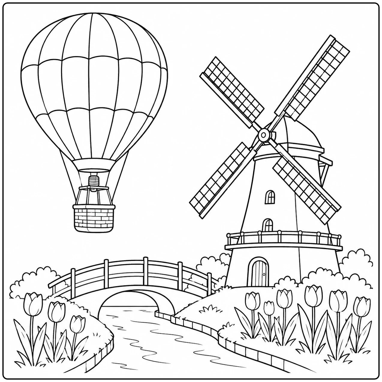 Luchtballon bij een grote windmolen, een bruggetje en bloemen langs het wandelpad
