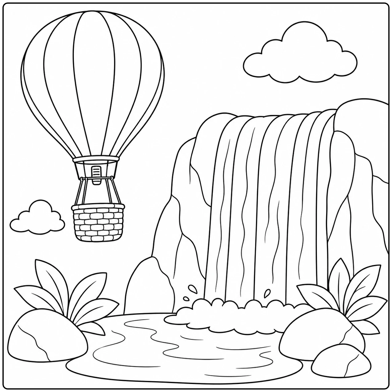 Waterval met rotsen en planten naast een kleurplaat luchtballon in een wolkrijke lucht