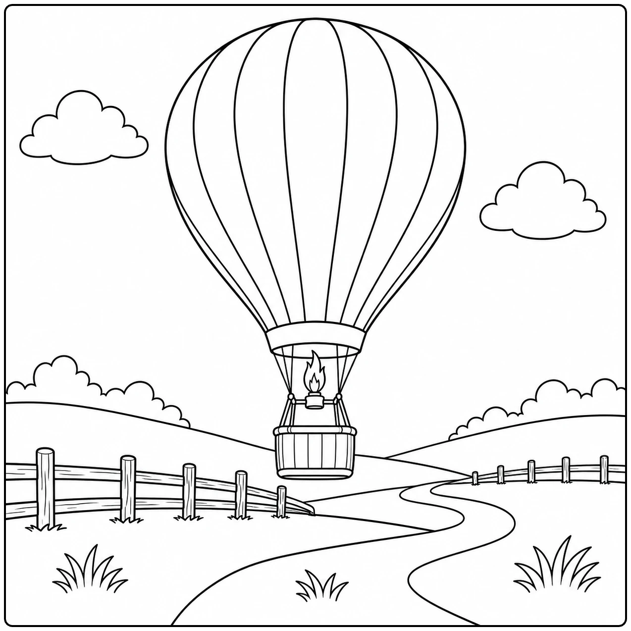 Grote luchtballon zweeft boven een kronkelweg met houten hekken, heuvels en wolken