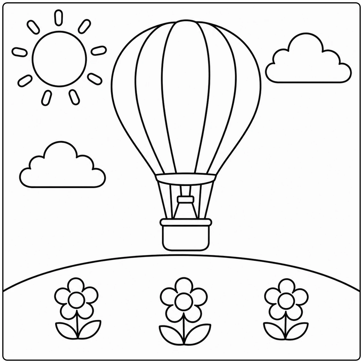 Kleurplaat luchtballon boven een bloemenveld met een stralende zon en kleine wolken