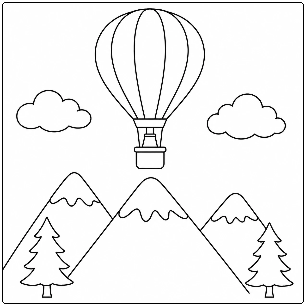 Ballon zweeft voor besneeuwde bergtoppen met dennenbomen en wolken aan beide kanten