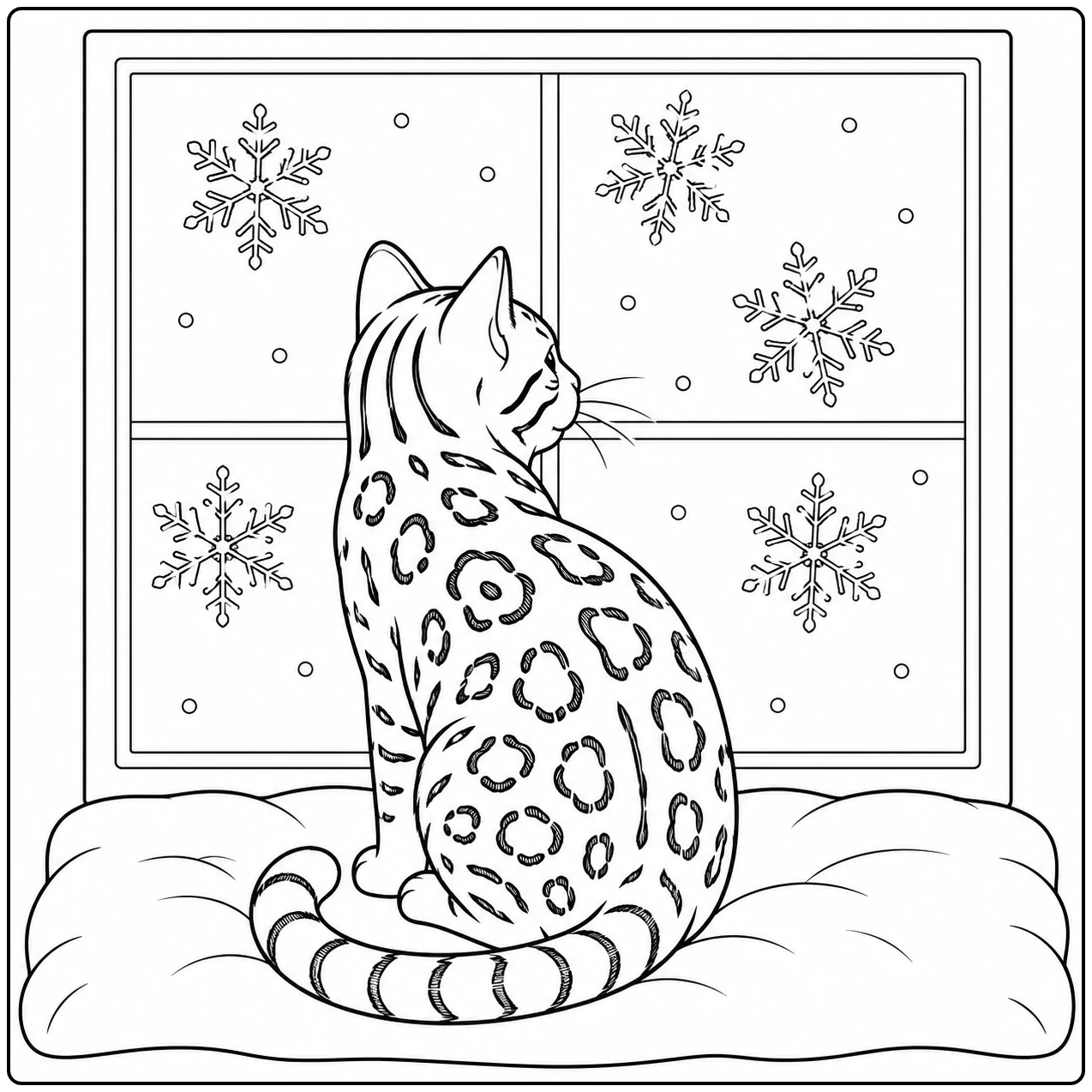 Kat zit op een kussen voor een raam met sneeuwvlokken; kleurplaat bengaal van achteren.