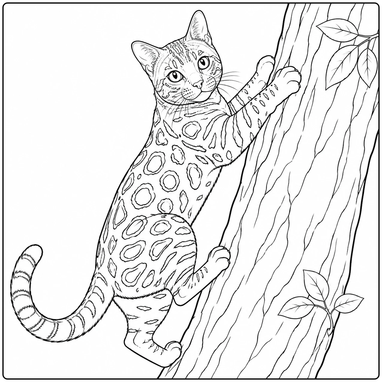 Gevlekte Bengaalse kat klimt langs een boomstam en kijkt aandachtig omhoog.