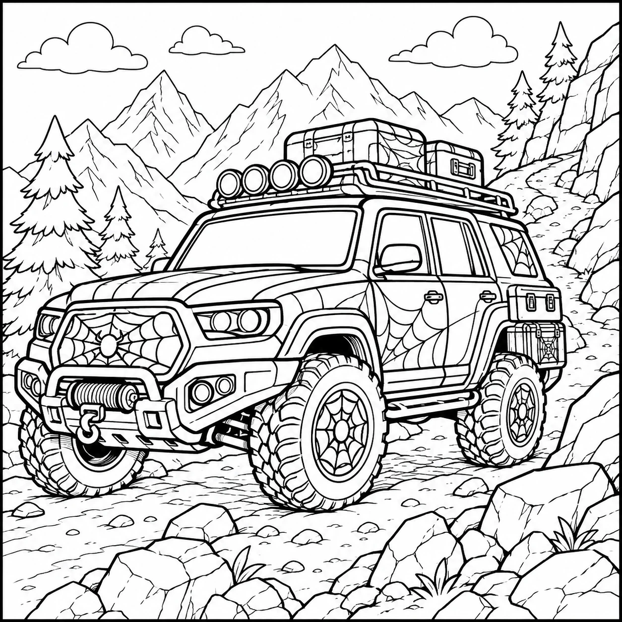 Robuuste SUV met grote wielen rijdt door een bergachtig landschap met rotsen en planten