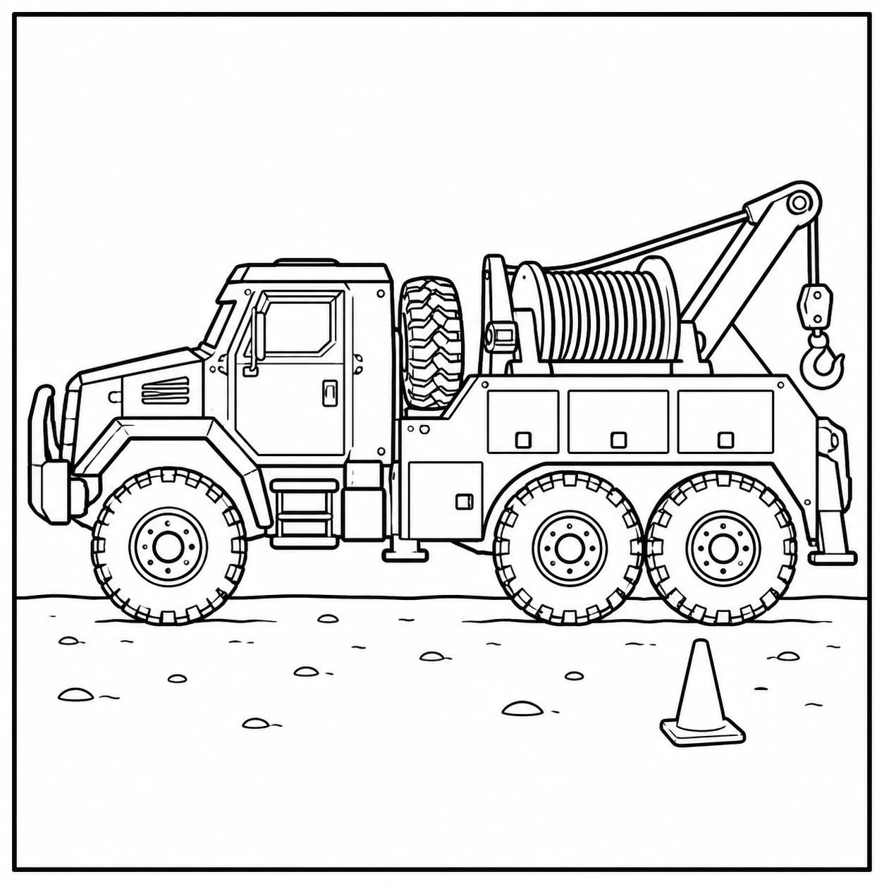 Een kleurplaat leger vrachtwagen met kraan, lier, haak en verkeerskegel in zijaanzicht.