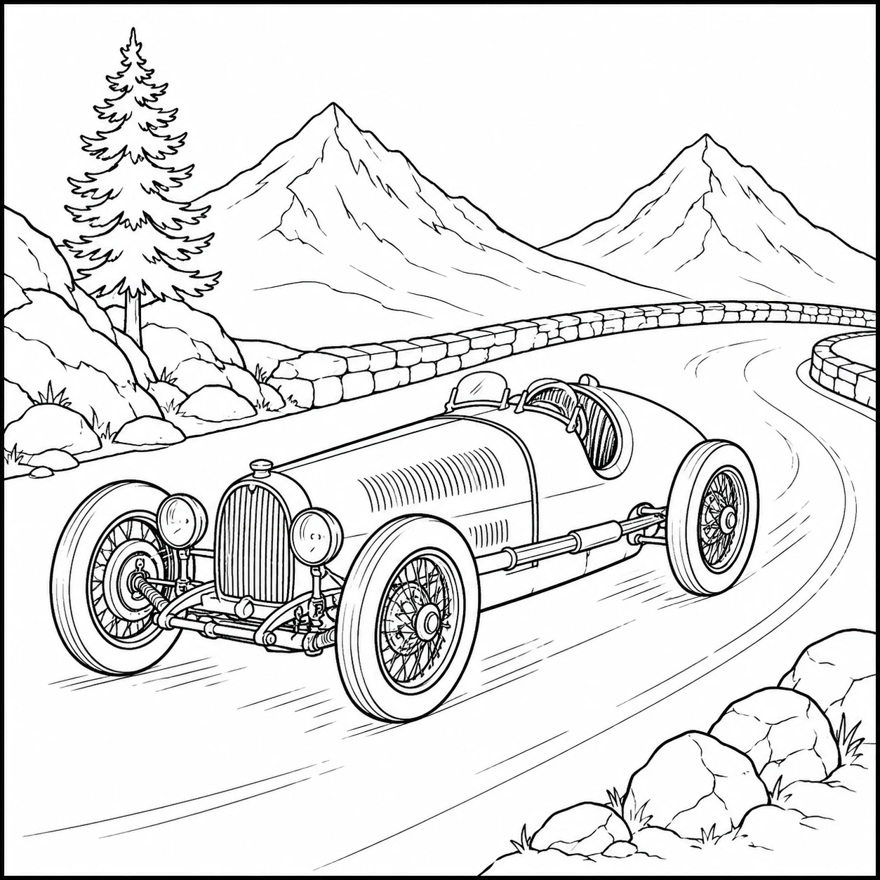 Een vintage racewagen volgt een bochtige bergroute langs dennenbomen en rotsen.