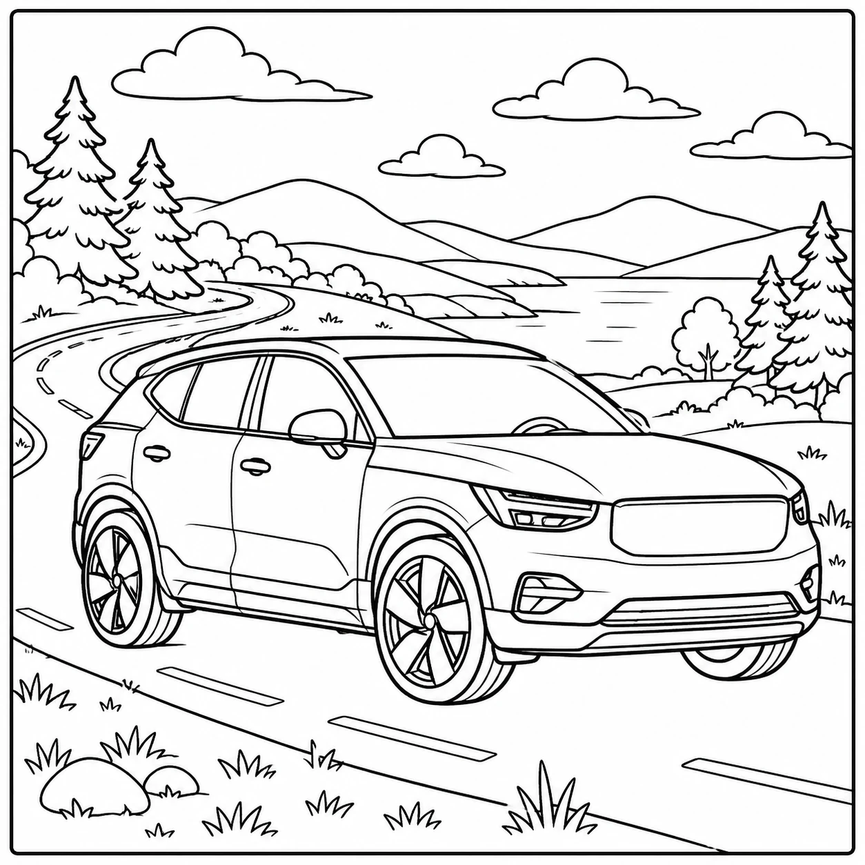 Auto langs een kronkelende weg met bergen, bomen en open landschap
