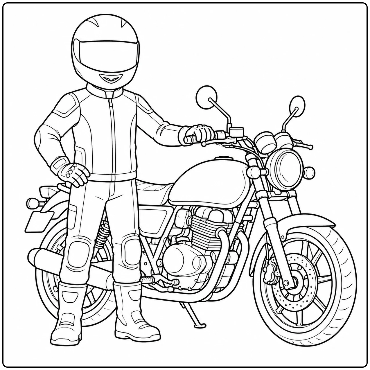 Beschermde motorrijder staat naast een kleurplaat motor yamaha met ronde koplamp