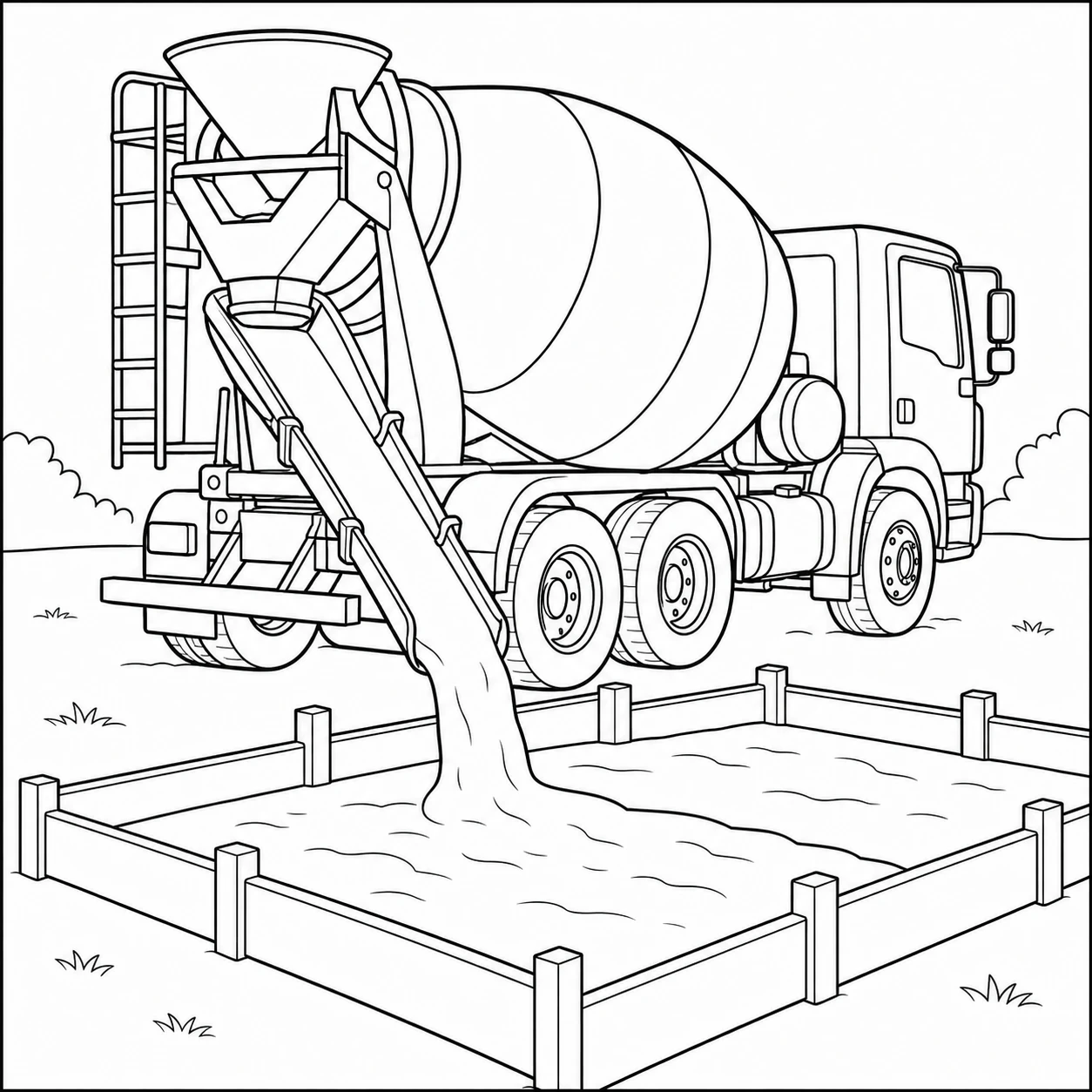 Een kleurplaat betonwagen stort vloeibaar beton in een rechthoekige bekisting op de bouwplaats.