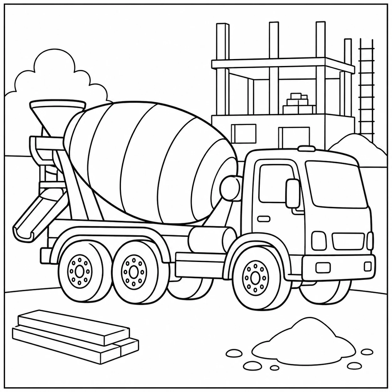 Betonmixer vrachtwagen met grote trommel en bouwplaatsdetails in een duidelijke lijntekening