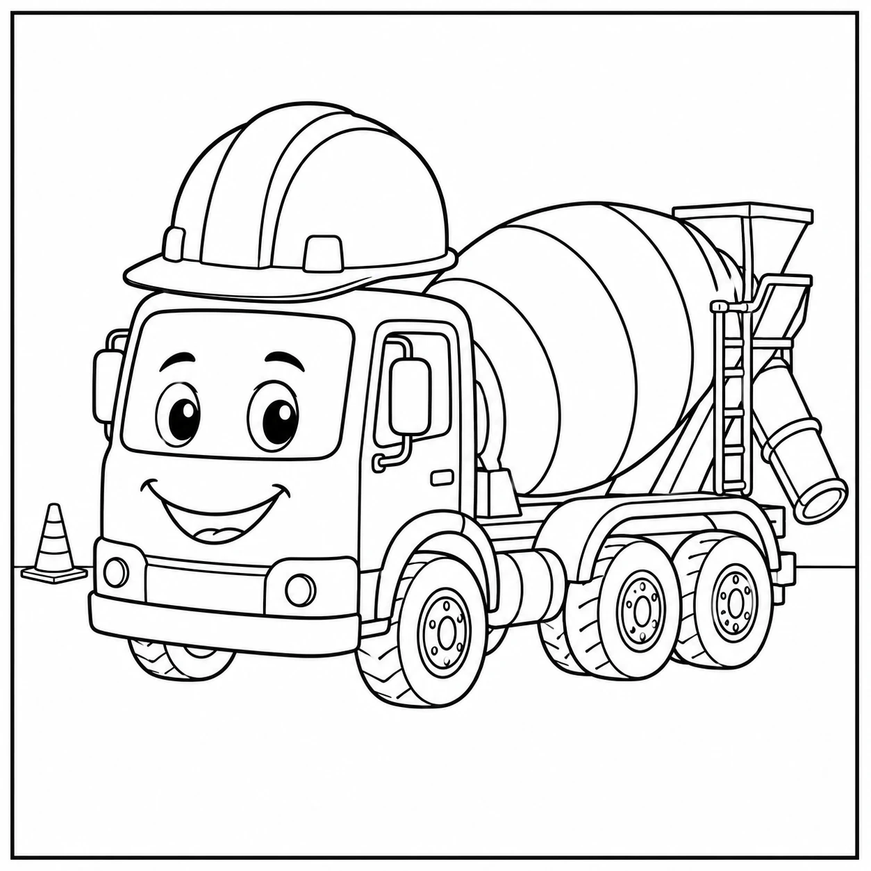 Vrolijke betonmixer met bouwhelm, glimlachend gezicht en een verkeerskegel op de achtergrond.