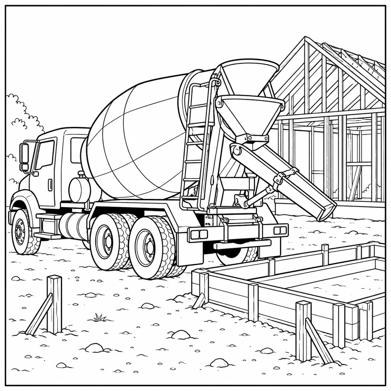 Vrachtwagen met mengtrommel staat naast een houten bouwconstructie en betonnen fundering.