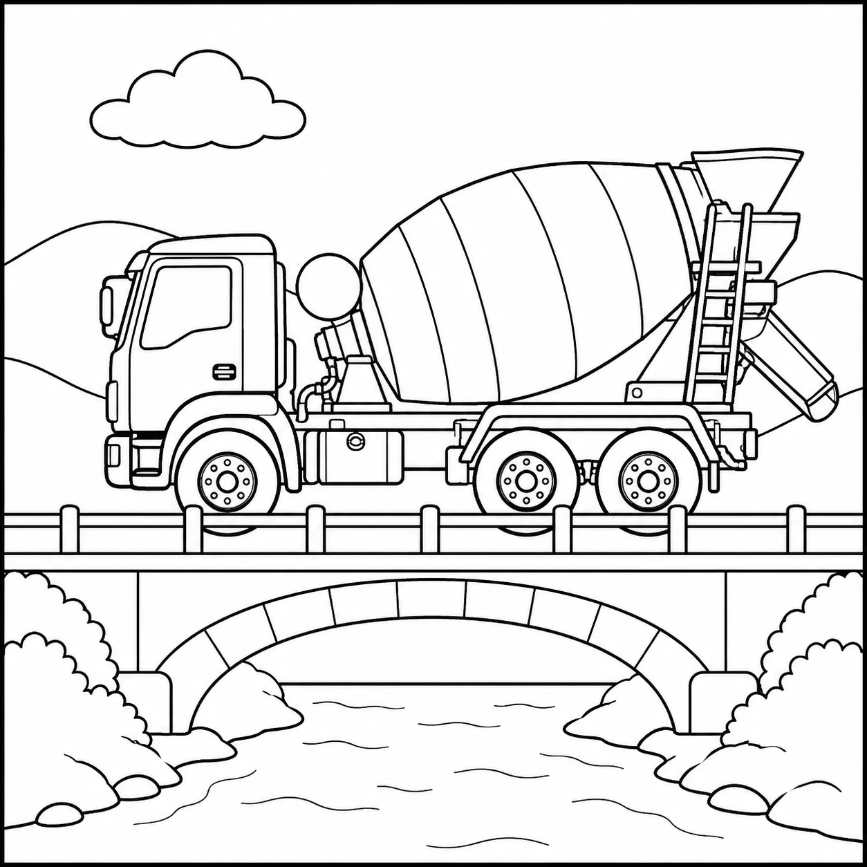 Op een stenen brug rijdt een kleurplaat betonwagen boven een rustig stromende rivier.