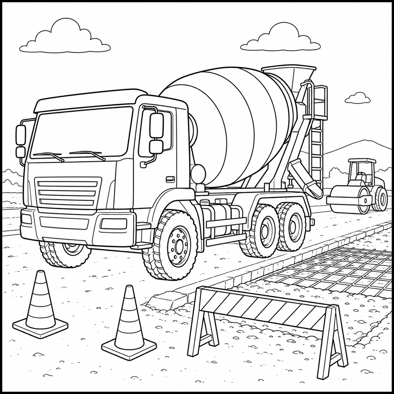 Betonmixer rijdt langs wegwerkzaamheden met verkeerskegels, een hek en een voertuig op de achtergrond.