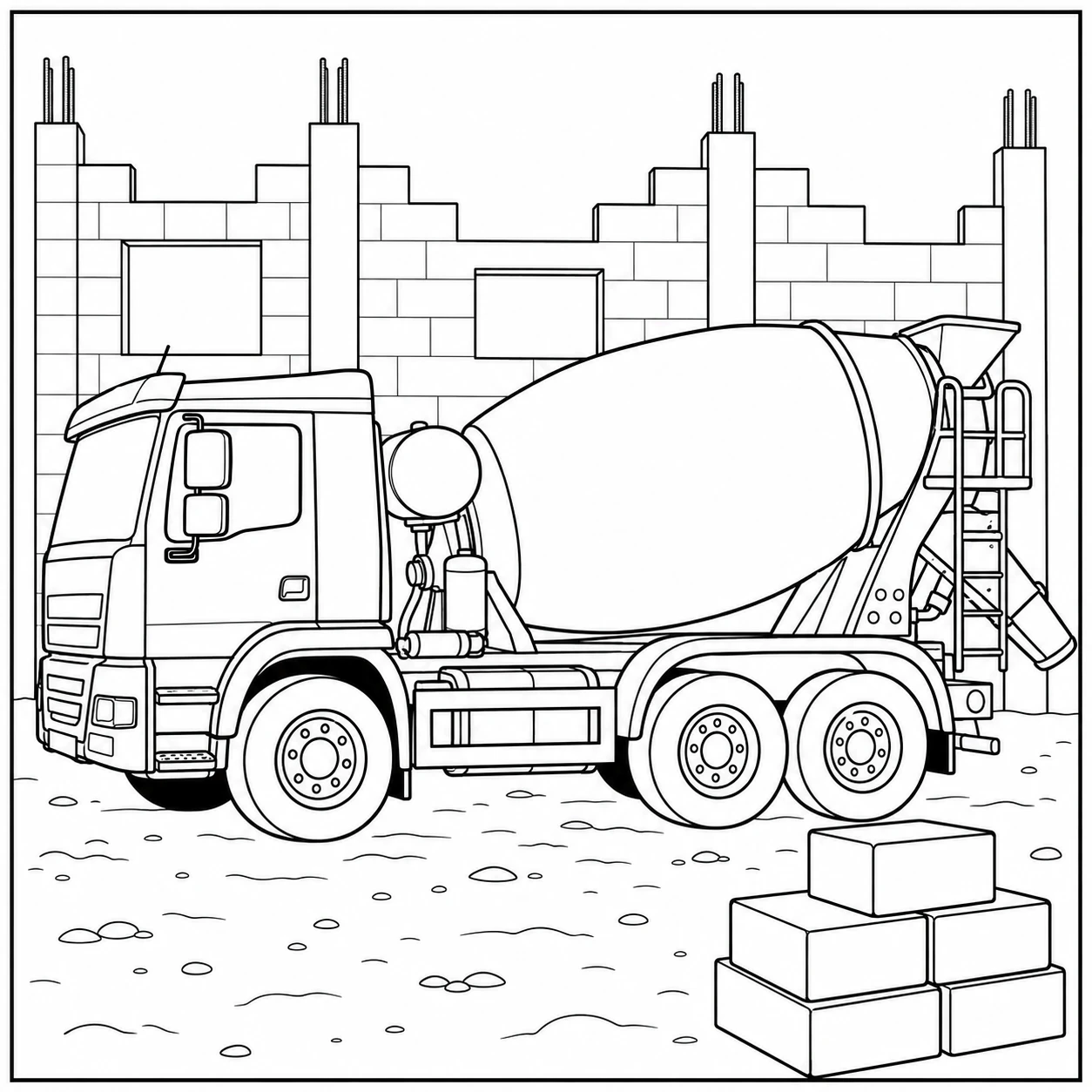 Kleurplaat vrachtwagen mercedes met betonmolen naast een gemetselde muur en losse bouwstenen.