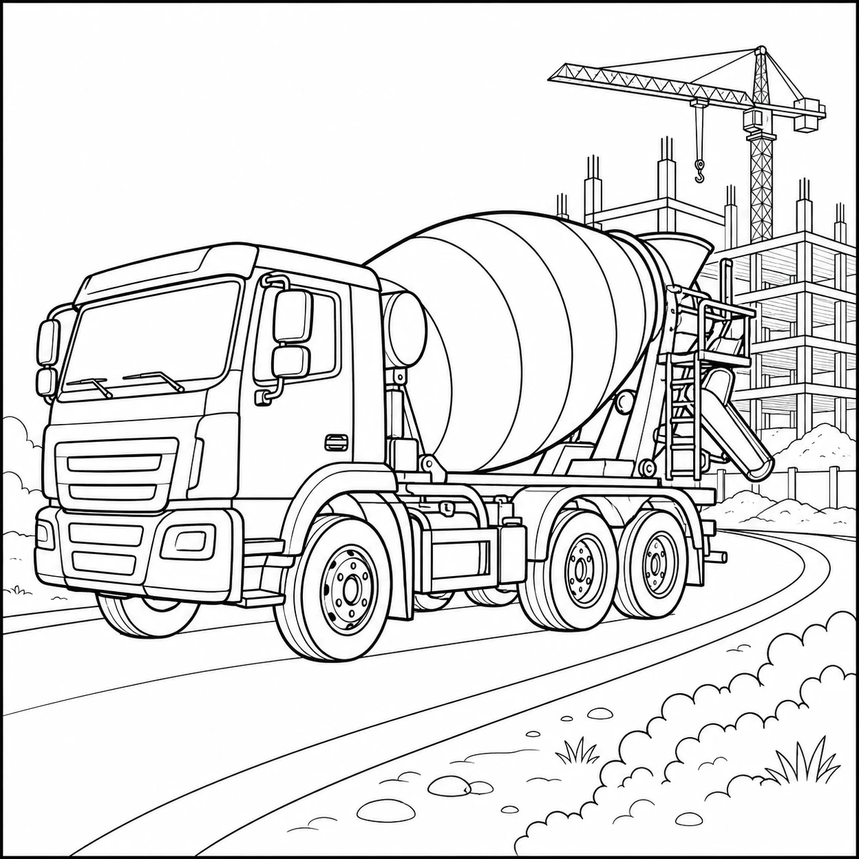 Grote betonmixer rijdt langs een bouwplaats met steigers, gebouwen en een hoge kraan.