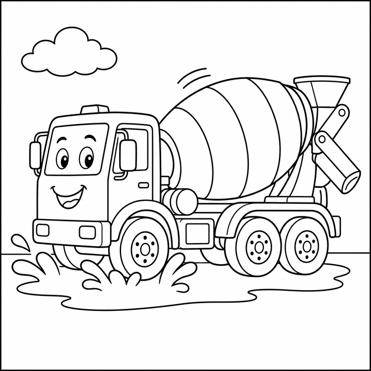 Een speelse kleurplaat betonwagen rijdt door een plas en laat water rond de wielen opspatten.